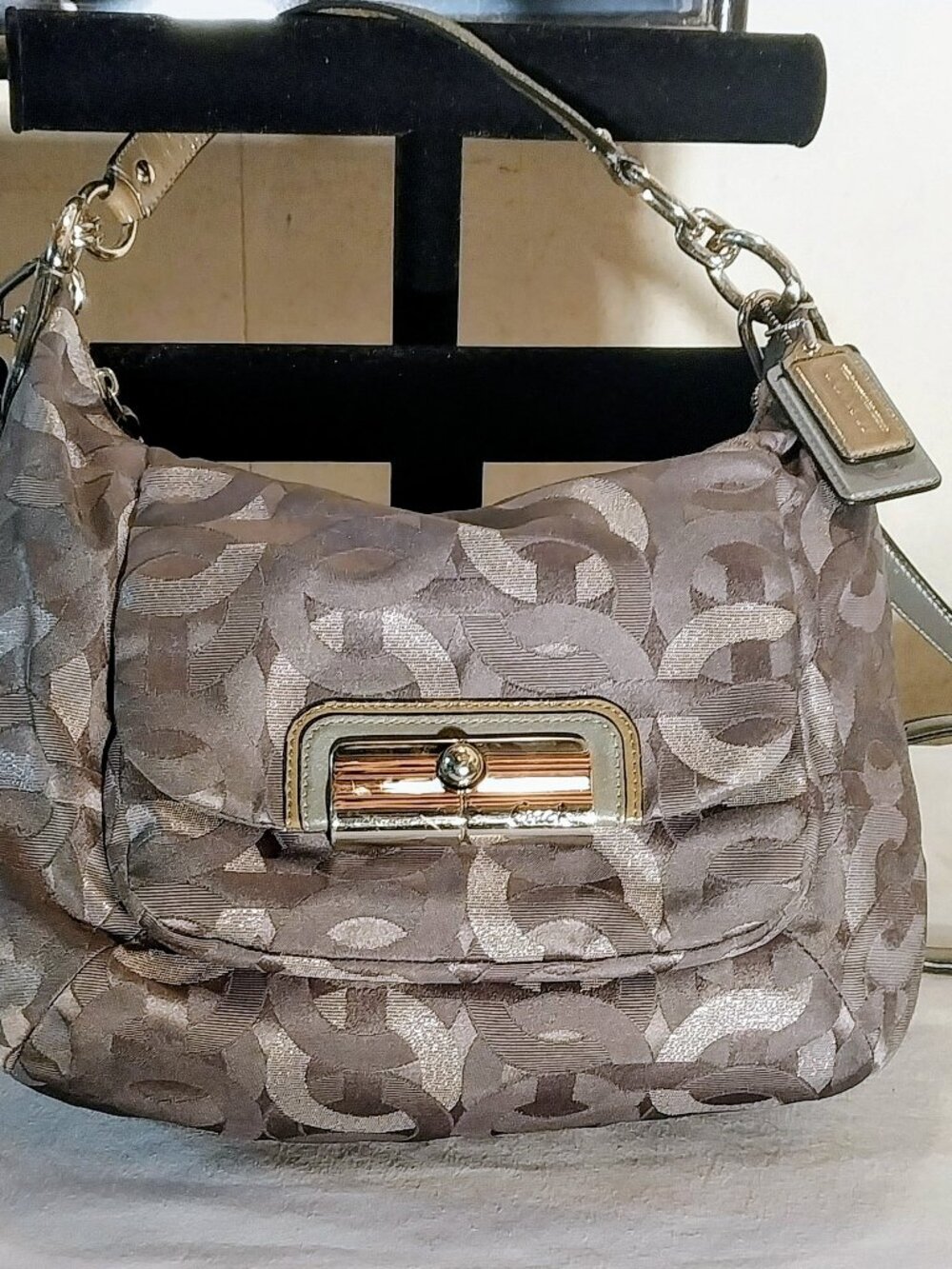 Coach Kristin Op Art Charcoal Gray/Silver Signature Hobo Crossbody Handbag